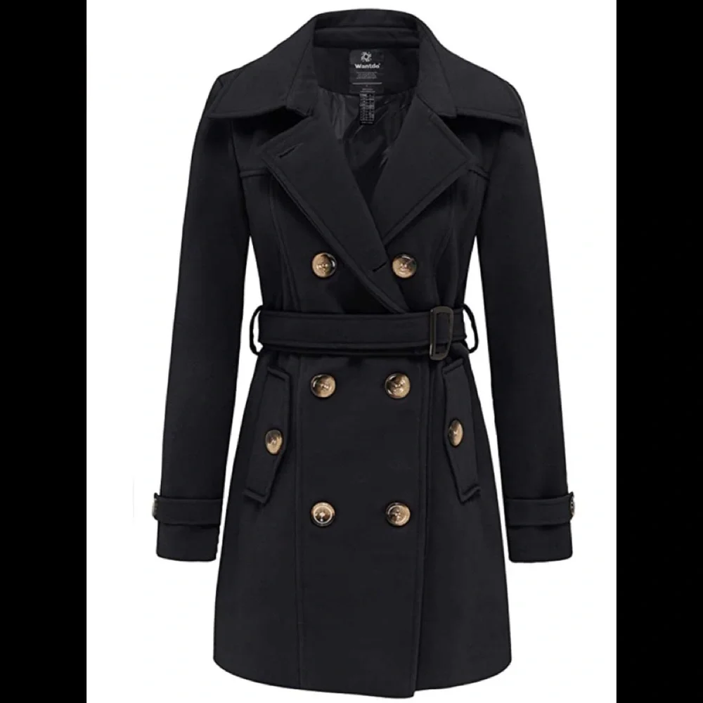 New Women's Double Breasted Trench Coat Pea Coat Winter Mid-Long with Belt - Picture 1 of 5
